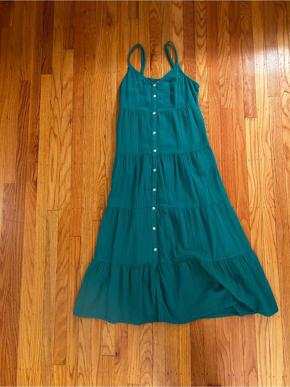 Universal Thread | Teal Tiered Button-Front Maxi Dress | Cotton Gauze | XS